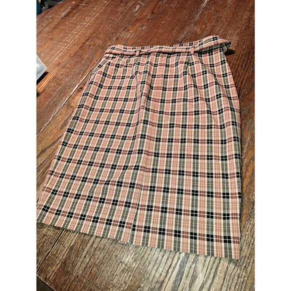 Size 8 Ann Taylor Factory Tan Brown Black Plaid Midi Pencil Skirt with Belt - Picture 3 of 4